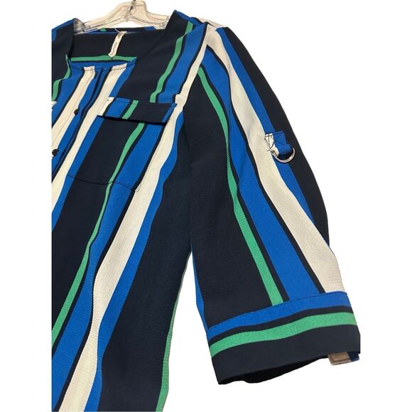 NY Collection Women’s Size L Button Down Striped Career Blouse Roll Tab Sleeves - Picture 6 of 13